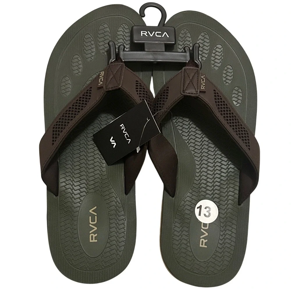 RVCA Perforated‎ TBar Mens Flip Flops Olive Green Brown Sandals 103063 Size 13